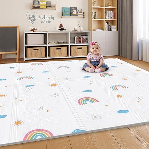 79x71 Foldable Baby Play Mat for Floor, Extra Large Reversible Foam Play Mat for Babies 6-12 Months, Waterproof Portable Foam PlayMat for Tummy Time for Toddler - Rainbow and Stars