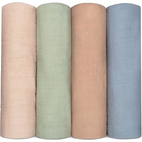 Comfy Cubs Muslin Swaddle Blankets (Pack of 4) - 47” x 47”, Soft Cotton Baby Blanket Set, Large Swaddling Wraps for Newborns - Self-Soothing Baby Swaddle - (Pacific, Cedar, Sage, Blush)