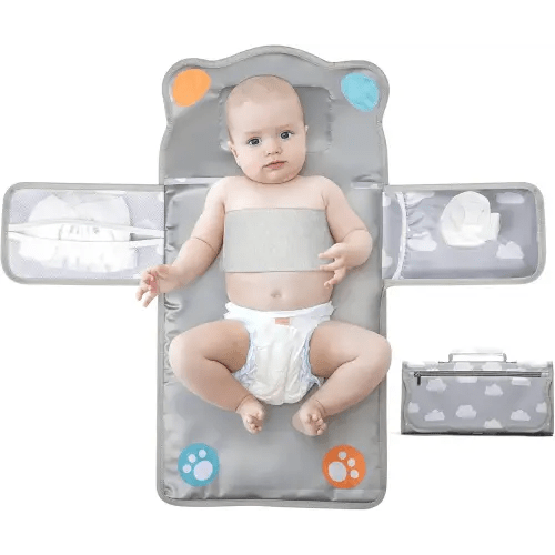 Anti Roll Diaper Changing Pad Mat with Swaddle Strap 3-in-1 Portable Waterproof Foldable Travel Station with Dual Storage Pockets, Built-in Pillow, Wipes Holder, Shower Gift for Newborns Girls, Boys