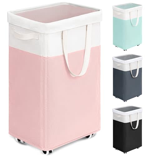 Goodpick Laundry Basket with Wheels, 75L Tall Clothes Hamper, Large Laundry Basket with Removable Wash Bag for Corner Dorm, Rolling Hamper, Pink&White