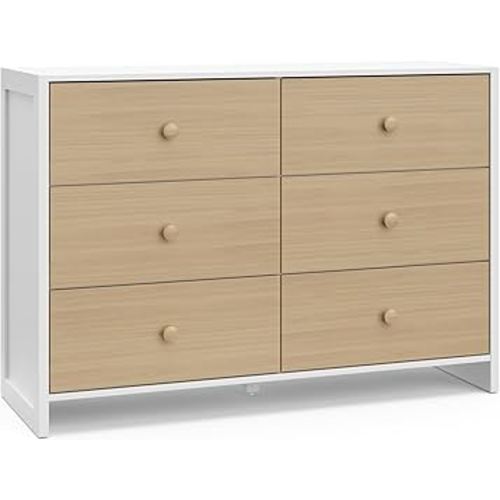 Storkcraft Calabasas 6 Drawer Dresser (White with Driftwood) - GREENGUARD Gold Certified, 6 Drawer Dresser with Interlocking Drawer System, Dresser Drawer Organizer for Kids' Bedroom