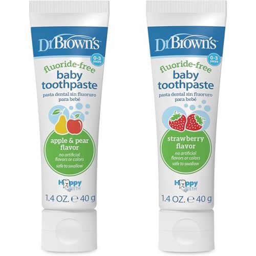 Dr. Brown's Baby Toothpaste, Strawberry and Apple Pear Flavors Toddlers and Kids Love, Fluoride Free, Made in The USA, 0-3 Years, 1.4oz