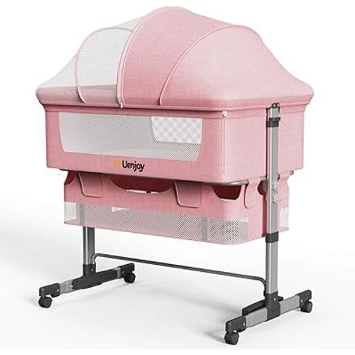 Baby Bassinet, 3 in 1 Baby Bed, Adjustable Portable Bed for Infant/Baby/Newborn,with Mosquito Nets, Large Storage Bag, Comfortable Mattresses, Lockable Wheels,Pink