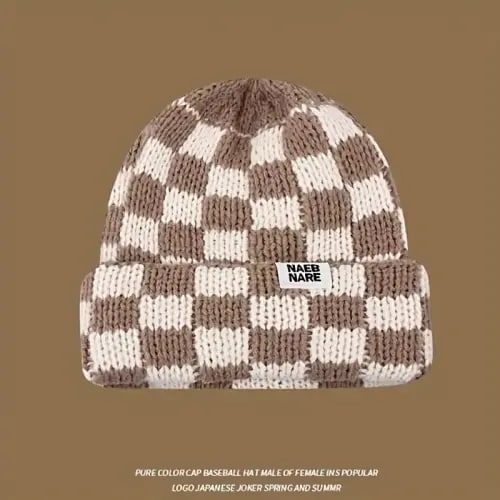 1pc Winter Fashion Versatile Couple Style Thick Plaid Beanie Hat , Ideal choice for Gifts