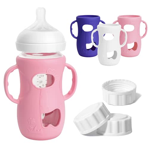 3 Pack Silicone Sleeves for Philips Avent Natural Glass Bottle, Food Grade Anti Breakage Baby Bottle Holder with Handles and 3pcs Travel Bottle Caps, Bottle Lids Replacement (White+Pink+Purple, 8oz)