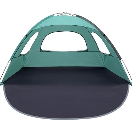 WhiteFang Beach Tent Anti-UV Portable Sun Shade Shelter for 3/4/6/8 Person, Extendable Floor with 3 Ventilating Mesh Windows Plus Carrying Bag, Stakes and Guy Lines