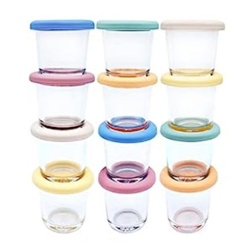 Elk and Friends 4oz Borosilicate Glass Baby Food Storage Jars with Silicone Lid | Strong Glass | Set of 12 | Microwave, Oven & Dishwasher Safe | Infant and Babies - Blush/Peach/Gray/Lilac/Sage/Mistyblue - 12 Pk
