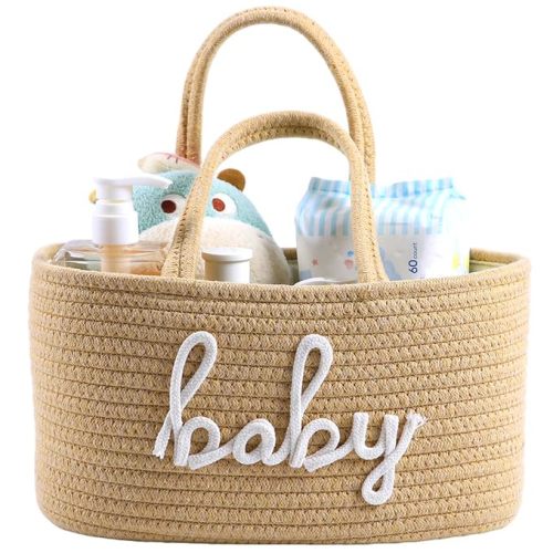 ZOMBATI Baby Diaper Caddy Organizer, Nursery Storage Bin Basket for Baby Shower and Baby Wipes- Cotton Rope Portable Diaper Bag for Changing Table, Newborn Essentials Gift-Tan