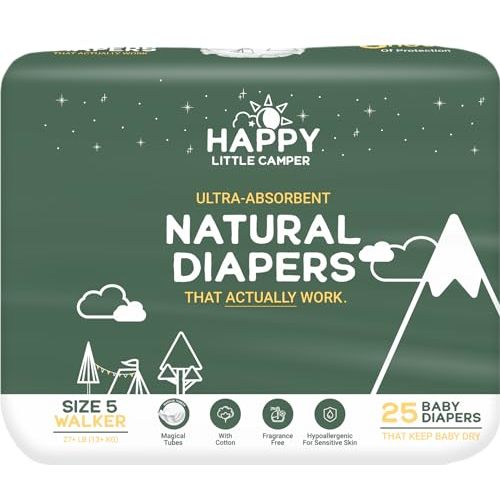 Happy Little Camper Ultra-Absorbent Natural Baby Diapers Size 5 - Hypoallergenic & Chlorine-Free Disposable Diapers Safe for Sensitive Skin - Unscented Walker Diapers - 25 Count
