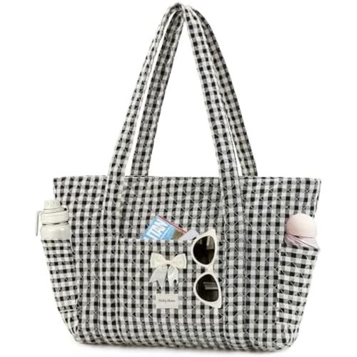 Quilted Tote Bag for Women, Quilted Floral Tote Bags with Zipper, Cute Bow Cotton Patchwork Shoulder bag for Daily
