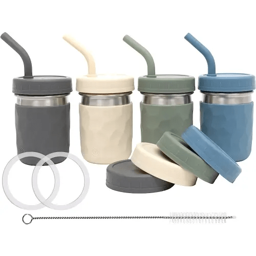 WeeSprout 2-in-1 Drinking Cups for Kids, Durable Stainless Steel Tumbler for Smoothies, Silicone Straws with Stoppers, Premium Plastic Twist Lids, Easy-Grip Sleeves, Set of 4 Dishwasher Safe Kid Cups