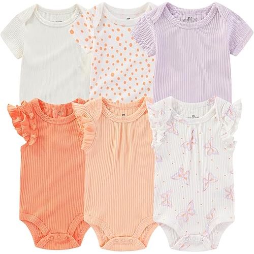 Newborn Baby Boy Girl Bodysuit 6 Pack Soft Short Sleeve Ribbed One-Piece Outfit Clothes Sets