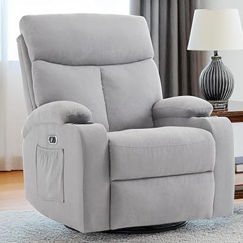 Power Swivel Rocker Recliner Massage Chair for Adults, Electric Rocking Glider,USB and Type-C Ports, Upholstered Fabric Reclining Sofa Chair for Living Room(Grey)
