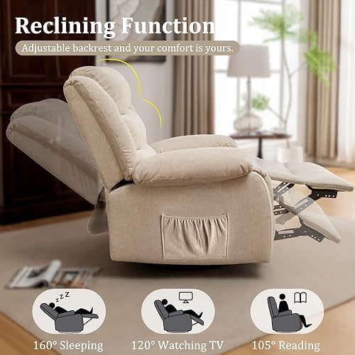Recliner Chair, Wide Rocker Chair, Rocking Chair with Massage and Heat,360°Swivel Nursery Rocking Chairs, Oversized Recliner for Adults, Cashmere Reclining Sofa for Living Room, Khaki