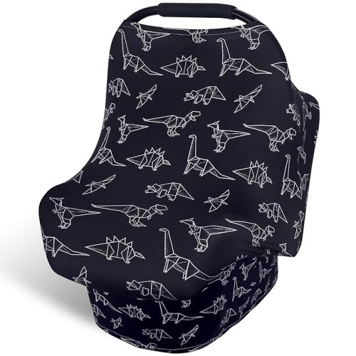 Rquite Baby Car Seat Cover, Dinosaur Carseat Cover Boy Girls, Breathable Nursing Cover for Breastfeeding, Stretchy Infant Car Seat Cover, Multi Use Car Seat Canopy Baby Carrier Cover Stroller Covers - Black - White Dinosaur
