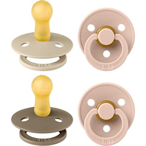 BIBS Pacifiers - Colour 4 Pack | Round Nipple Baby Pacifier | BPA Free Natural Rubber Latex Soother | Made in Denmark | Size 6-18 Months | Pink Colors