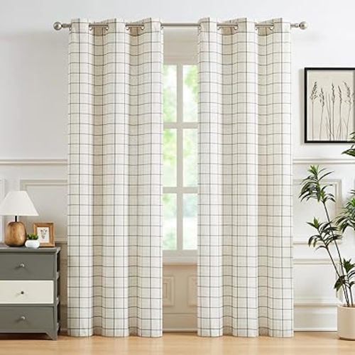 90 Inch Buffalo Plaid Semi Sheer Natural Linen Curtains,Woven Black White Stripes on Beige Textured Fabric,Farmhouse Grommet Window Treatment for Bedroom Living Room,40" Wx90 Lx2