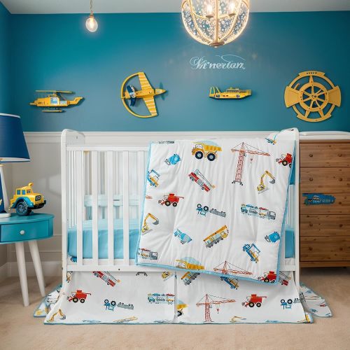 Brandream Truck Construction Vehicle Boys Crib Bedding Sets for Baby Car Nursery Comforter Set 6 Pieces 100% Cotton,Blue White Breathable Soft