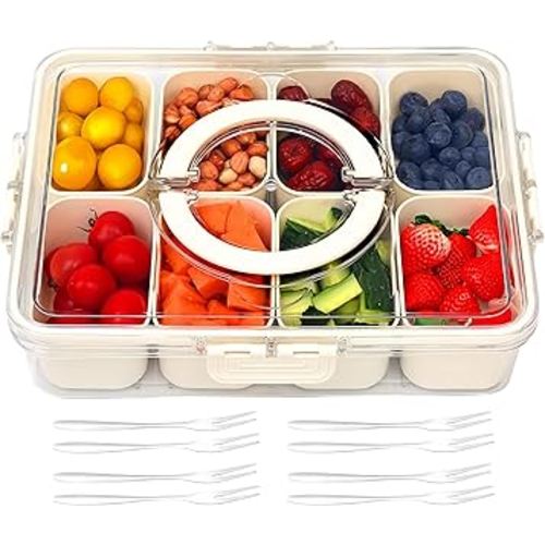 Snackle Box Charcuterie Container- Divided Serving Tray with Lid and Handle- Clear Plastic Portable Snack Box with 8 Compartment for Fruit, Veggie, Candy, Nuts, Picnic, Travel, Entertaining, Party…