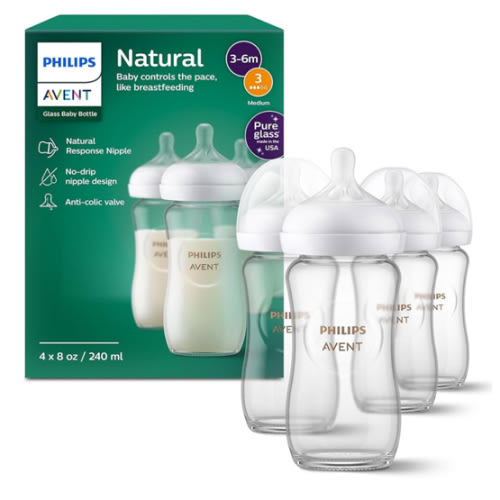 Philips Avent Natural Glass Baby Bottles with Natural Response Nipples (Medium Flow, Flow 3), 8oz, 4-Pack, SCY913/04