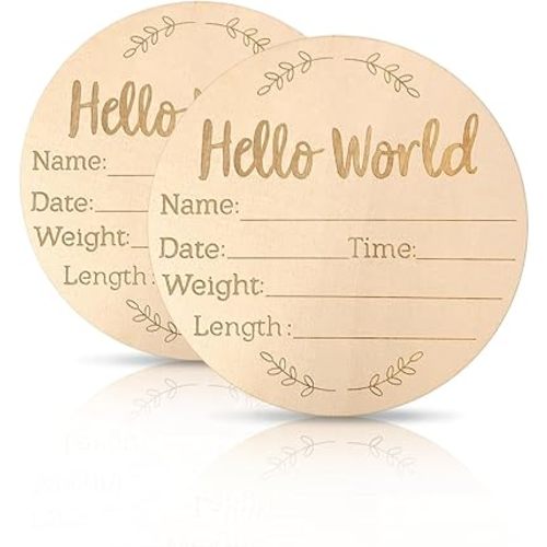 2 Pack Baby Announcement Sign, 5.9 Inch Wooden Hello World Newborn Signs