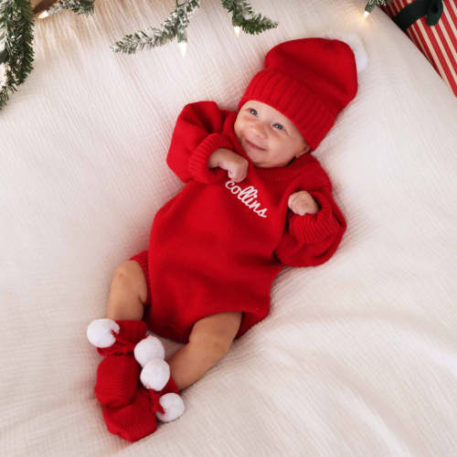 Personalized Knit Sweater Bubble Romper | Red