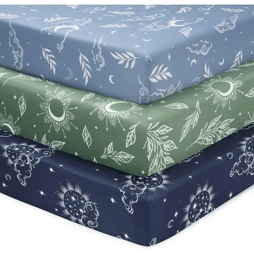 Baby Crib Sheets for Boys and Girls, 3 Pack Fitted Toddler Bed Sheets Neutral for 52”x28” Standard Crib and Toddler Mattresses, Super Soft Microfiber Green Starry Sky