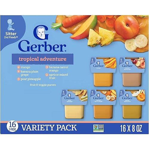 Gerber Stage 2 Baby Food, Tropical Adventure Puree Tubs, No Added Colors or Flavors, Baby Puree, Variety 32-Pack