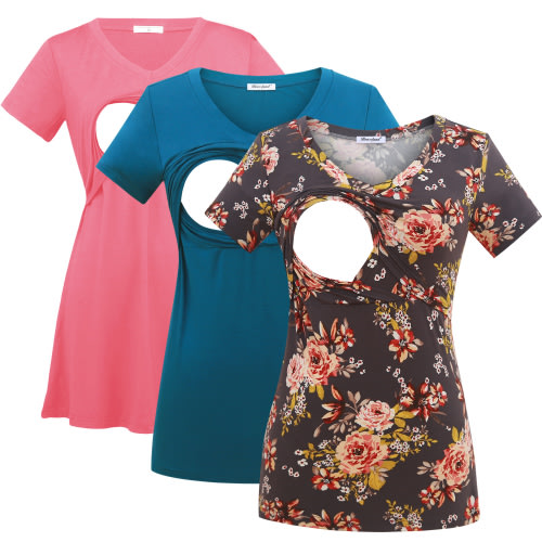 Bearsland Women's Maternity Short Sleeve Breastfeeding Nurding Tops T-Shirts 3-Pack