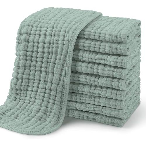 Yoofoss Muslin Burp Cloths for Baby - 10 Pack - 100% Organic Cotton - 20'' x 10'' - Dark Green