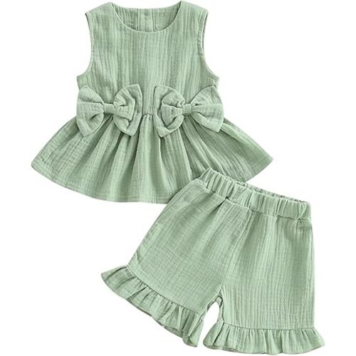 Kupretty Toddler Girl Summer Clothes Baby Solid Linen Outfit Bows Ruffle Tank Tops Shirts + Ruffled Short Set