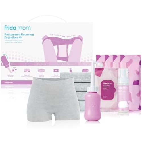 Frida Mom Postpartum Recovery Essentials Kit, Includes Disposable Underwear, Instant Ice Maxi Pads, Perineal Healing Foam, Perineal Healing Pad Liners and Upside Down Peri Bottle (11pc Gift Set)