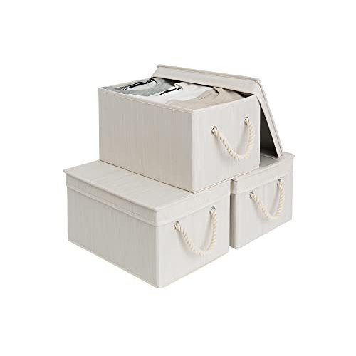 StorageWorks Storage Bins with Lid and Soft Rope Handles, Foldable Storage Basket, Mixing of Beige, White & Ivory, 3-Pack, Large,15.25x10.75x8.5 inches (LxWxH)
