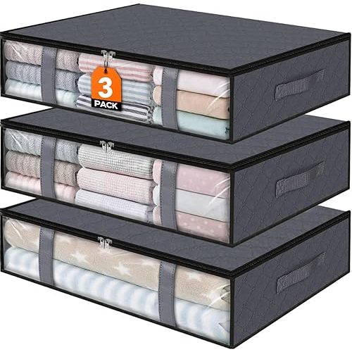 StorageRight Under Bed Storage Bins, 3-Pack 40L Foldable Fabric Storage Bags with Transparent Window, Breathable Organizer for Clothes/Blanket/Comforter/Quilt, Grey