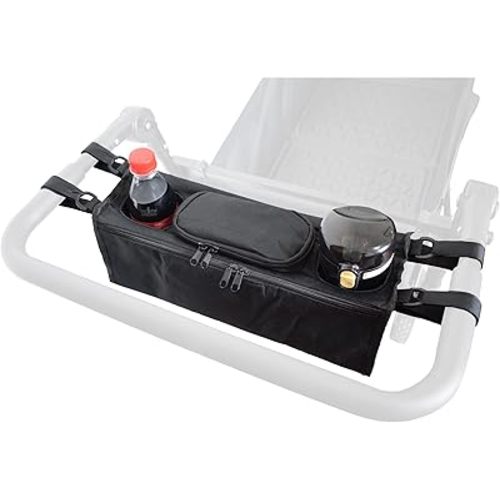 Non-Slip Organizer for Wagon, Parent Console Caddy with Cup Holders Universal for Folding Kids Pet Stroller Adjustable Straps Zippered Pockets Storage Phone Bag Attachment Accessories Black