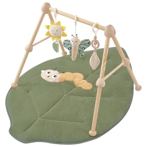 4-in-1 Wooden Baby Play Gym & Activity Mat, Soft Cotton Tummy Time Mat for Babies 0+,with 3 Detachable Toys for Sensory & Motor Skill Development,Newborn Infant Baby Essentials Gift,Leaf