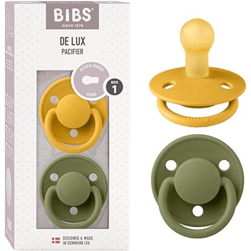 BIBS De Lux Baby Pacifier 2-Pack | Made in Denmark | BPA Free Dummy Soother, Round Nipple. Natural Rubber Latex, Size 1 (0-6 Months), Honey Bee/Olive