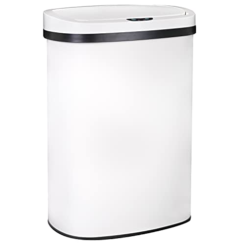Kitchen Trash Can Office Bathroom Bedroom Waste Bin with Lid Automatic Sensor Touch Free Stainless Steel Garbage Can 13 Gallon / 50L,White