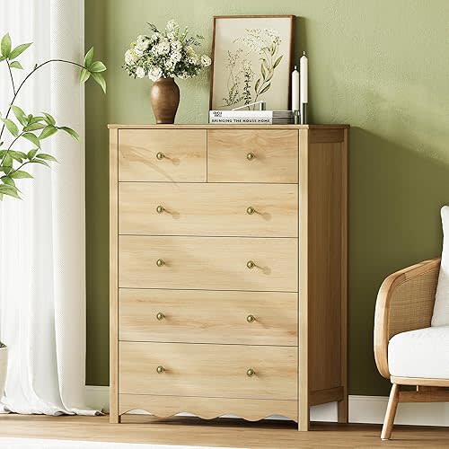 Dresser for Bedroom with 6 Drawers, 44” Tall Modern Wood Dresser Chest of Drawers with Metal Handle, Farmhouse Natural Solid Wooden Dressers Organizer for Living Room, Hallway