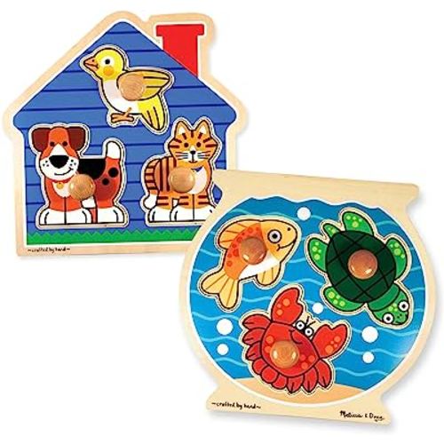 Melissa & Doug Animals Jumbo Knob Wooden Puzzles Set - Fish and Pets - Chunky Wooden Puzzles for Toddlers, Animal Puzzles For Kids Ages 1+