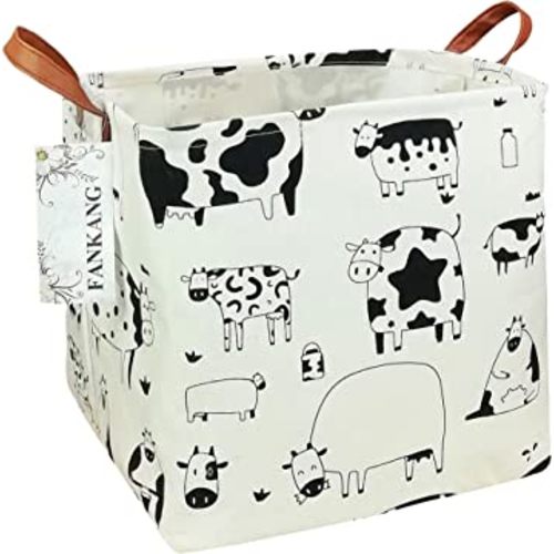 FANKANG Square Nursery Hamper Storage Bins Canvas Laundry Basket Foldable with Waterproof PE Coating Storage Baskets Gift Baskets for Children, Office, Bedroom, Clothes(Square-Cows )