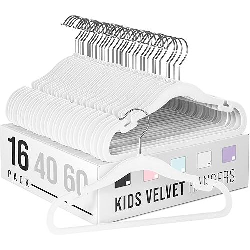 Velvet Baby Hangers for Clothes - Heavy Duty Non Slip Velvet Kids Hangers Or Toddler Hangers for Closet | Ultra Thin Design Kid Hangers for Space Saving - Ganchos De Ropa para Bebe (16 Pack White)