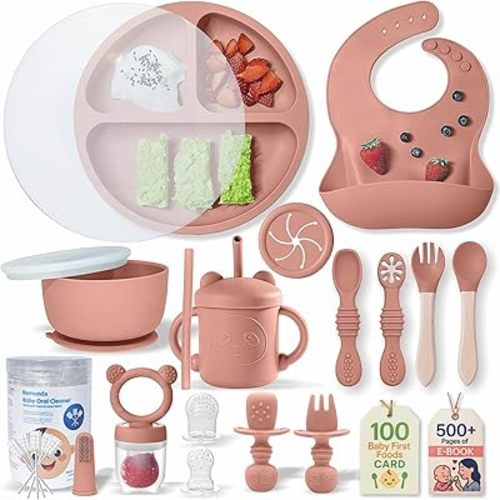 Remonda 23-Piece BPA-Free Silicone Baby Feeding Set | Extra Large Suction Plates, Toddler Bowls, Self Feeding Spoons, and More | Dishwasher Safe| Baby Led Weaning Supplies (Orange）C1