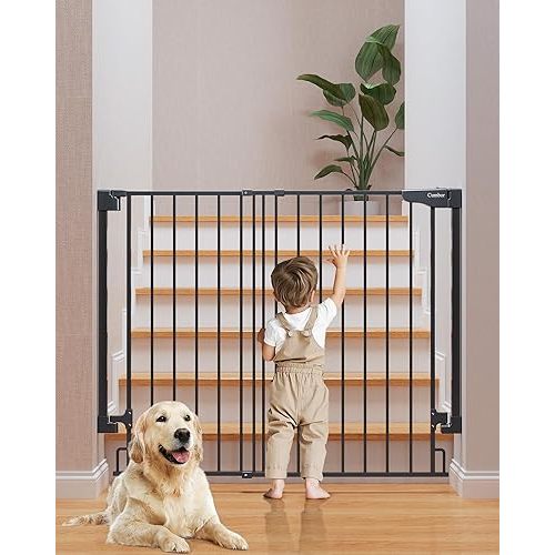 Cumbor 34" Extra Tall No Bottom Bar Baby Gate for Stairs, Auto Close Dog Gate Indoor for Larger Pets, 29.2-43" Hardware Mounted Safety Gate for Doorways, Wide Walk Thru Door for Easy Access (Black)