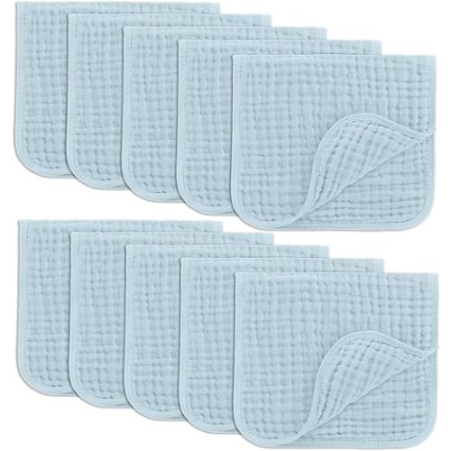 Comfy Cubs Muslin Burp Cloths Set Large 100% Cotton Hand Washcloths for Babies, Baby Essentials 6 Layers Extra Absorbent and Soft Boys & Girls Baby Bibs & Burp Cloths Set (Sky Blue, 10-Pack, 20" X10")
