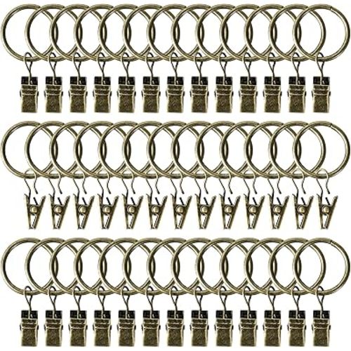 Curtain Rings with Clips Hooks 100 Pack 1.5 inch Metal Stainless Steel Drapery Rings for Tension Rod Bracket Eyelets Decorative Hangers, Bronze (1.5" Interior Diameter)