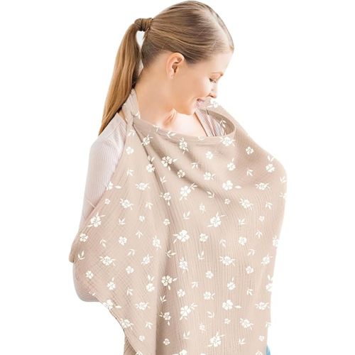 Konssy Muslin Nursing Cover for Baby Breastfeeding, Breathable 100% Cotton Breastfeeding Cover with Rigid Hoop for Mother Nursing Apron, Multi-use Carseat Canopy