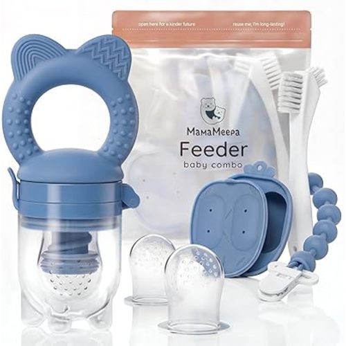 Baby Fruit Feeder & Popsicle Molds Set – Baby Food Feeder Nibbler, Breastmilk Popsicle Molds, Grip Handle, Safety Strap & Cleaning Brush – Feeding Essentials 6–12 Months (Blue)