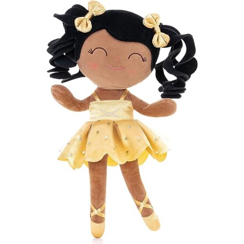 Gloveleya Baby Dolls Soft Snuggly Curly Hair Ballerina Doll First Baby Girl Gifts Plush Tanned Ballet Doll with Lace Mesh Dress Golden 14inches Ballerina Series