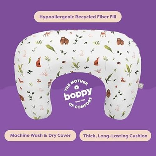 Boppy Nursing Pillow - Firm, Ergonomic U-Shaped Bottle and Breastfeeding Pillow with High Lift for Comfort and Support, Spacious Surface - Neutral Plants and Animals
